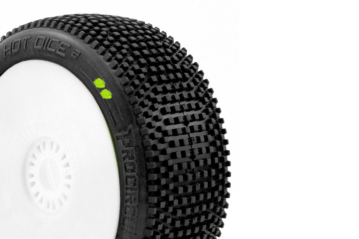 HOT DICES V2 BUGGY S2 (SOFT) nalepené pneumatiky, bílé disky, 2 ks.