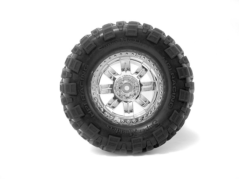Nalepené Super Mudders gumy 155x85mm na chromových diskách, 2ks. pro Savage