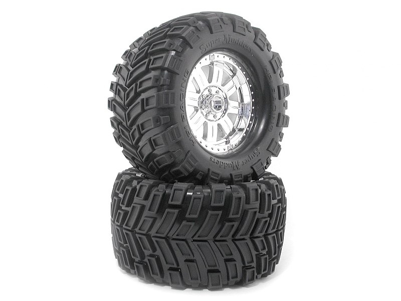 Nalepené Super Mudders gumy 155x85mm na chromových diskách, 2ks. pro Savage