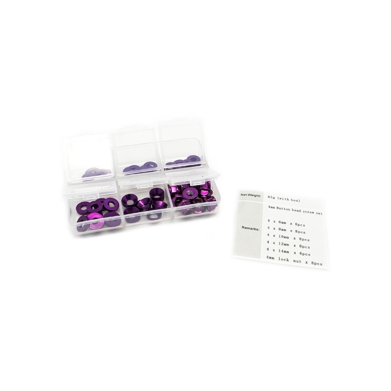 4mm sada podložek fialové(6mm/8mm/10mm/12mm/14mm) plus M4 Matky v plastovém boxu